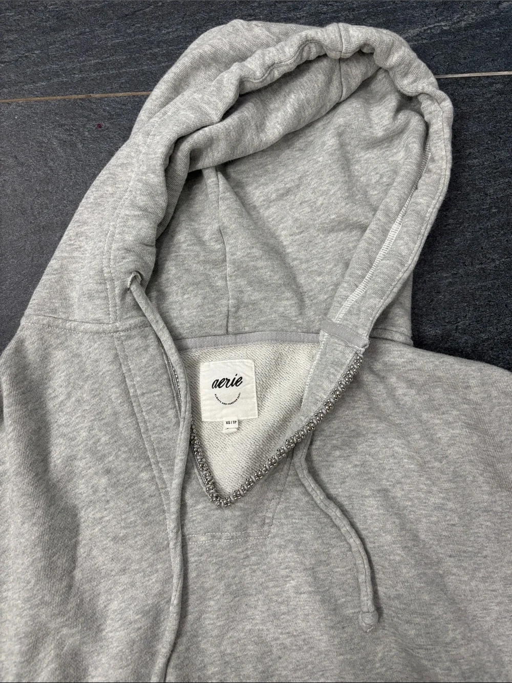 aerie Light Gray Jeweled neck croppe Hoodie